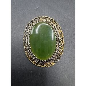 KAREN LYNNE 925 Sterling Silver Gold Plated Vintage Real Jade Pin Brooch Pendant